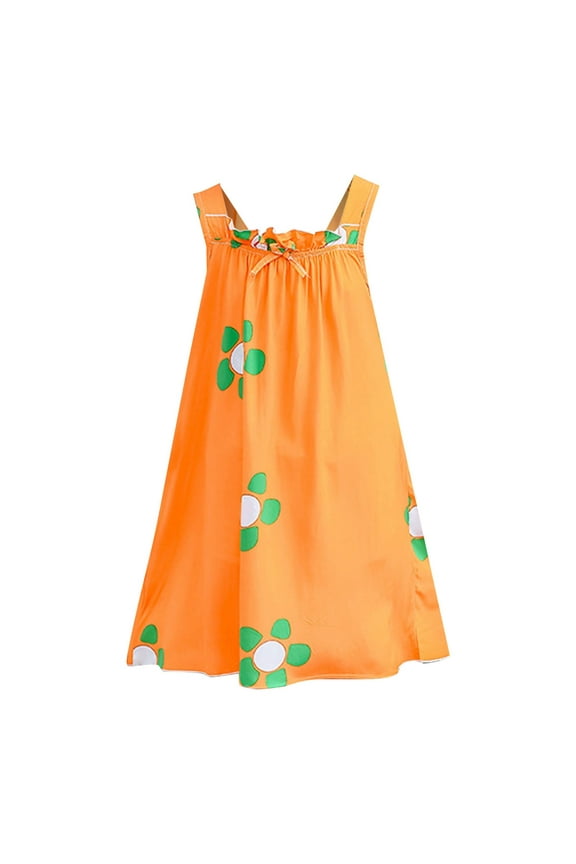Girls Princess Dress Girls Summer Orange Cute Flower Print Ruffle Edge Bow Neckline Girls' Fashion Sleeveless Strap Home Casual Dress Cute Little Girl Party Dress