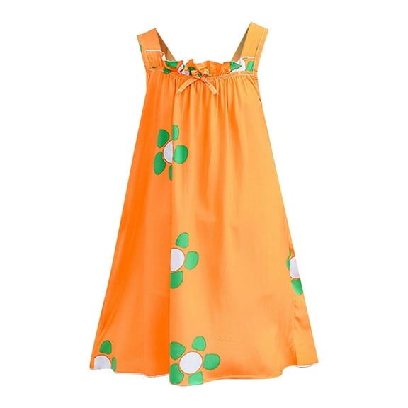 EnJoCho Girls Princess Dress Girls Summer Orange Cute Flower Print Ruffle Edge Bow Neckline Girls' Fashion Sleeveless Strap Home Casual Dress Cute Little Girl Party Dress