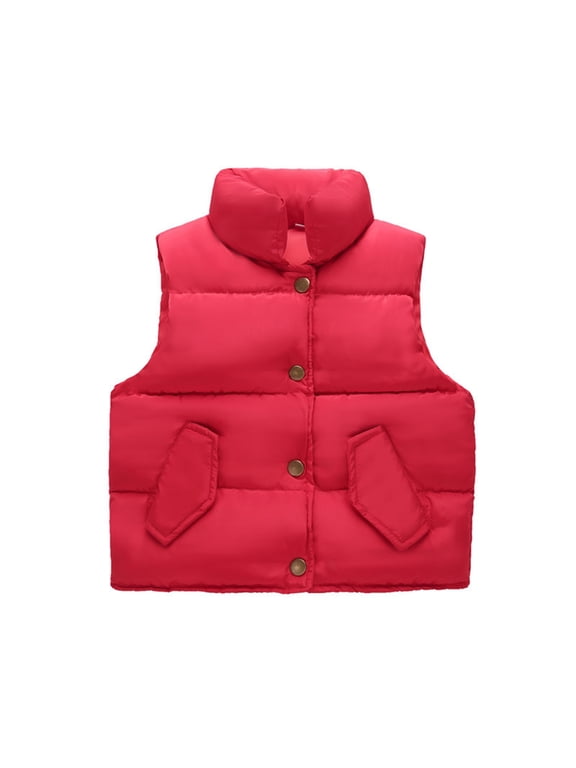 Girls Puffer Vest Sleeveless Button Up Bubble Jacket Cropped Puffy Vest Quilted Padded Gilet, Fall Winter Coat, Stand Collar, Warm Lightweight Fashion Casual Travel Outerwear with Pockets