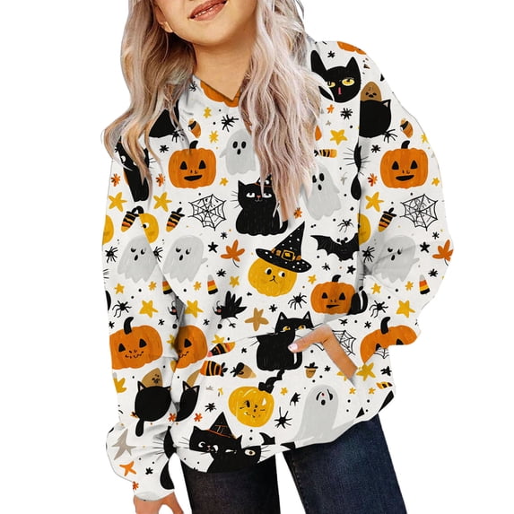 EnJoCho Girls Pullover Sweatshirt - Halloween Ghos𝗍 Pumpkin Print Hoodie for Toddler Girl Little Girls Teen Girls, Long Sleeve Casual Hooded Top for Fall Winter School Holiday Outfit