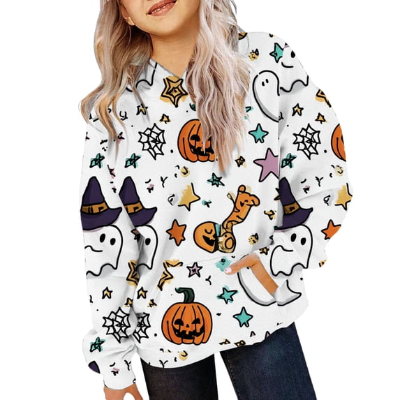 EnJoCho Girls Pullover Sweatshirt - Halloween Ghos𝗍 Pumpkin Print Hoodie for Toddler Girl Little Girls Teen Girls, Long Sleeve Casual Hooded Top for Fall Winter School Holiday Outfit