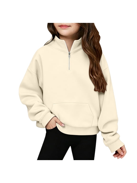 Girls Quarter Zip Pullover Sweatshirt Crew Neck Half Zip Sweatshirt Loose Long Sleeve Casual Cropped Hoodie Tops For Kids Girls Half Zip Pullover Sweatshirt Fall 4-14 Years