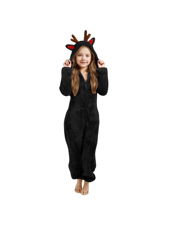 Girls Reindeer Hooded Fleece Jumpsuit Kids 3D Antler Ears Plush Zip Up Teddy Animal Suit for Playdates Christmas Parties Photos Holiday Gift