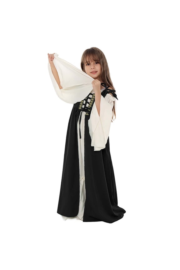 Girls Renaisance Dress Kids 𝖬edieval Princess Outfit Girls Square Collar Bundle Waist Long Sleeve Maxi Dress Dance Dress Teens