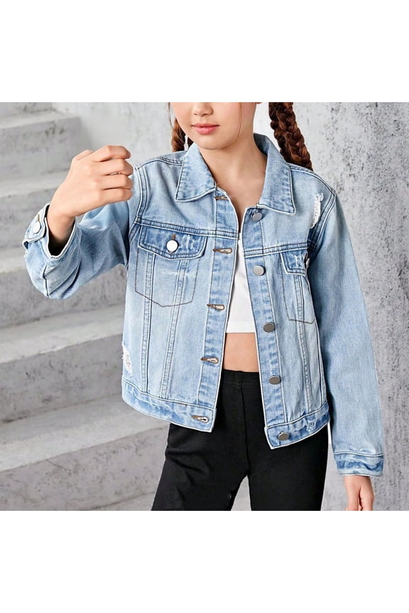Girls Ripped Denim Jacket Button Down Long Sleeve Collared Jean Coat Front Pocket Retro Classic School Clothes Outerwear