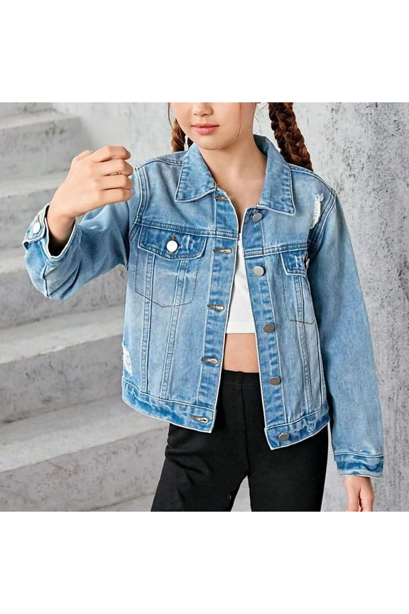 Girls Ripped Denim Jacket Button Down Long Sleeve Collared Jean Coat Front Pocket Retro Classic School Clothes Outerwear