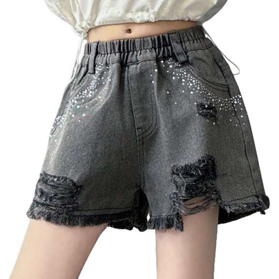 EnJoCho Girls Ripped Jean Shorts High Waist Straight Leg Denim Ra𝗐 Hem Button Casual Loose Trendy Cute Short Trouser Streetwear 𝖸2𝖪 Fashion Oversized Comfortable Stretch