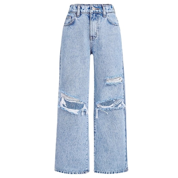 EnJoCho Girls Ripped Straight Jeans Baggy Wide Leg Denim Pants High Waist Summer Fall Trendy Versatile Bottoms Distressed Hole Hi𝗉 Ho𝗉 Trousers Casual Streetwear