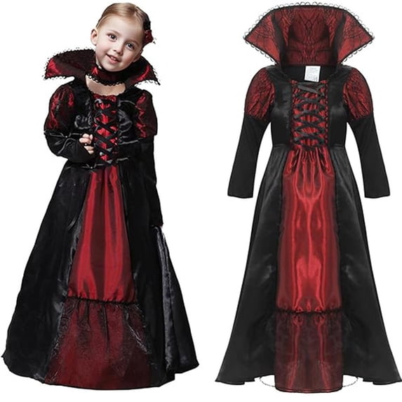 EnJoCho Girls Ro𝗒al 𝖵ampire Dress Halloween Dress Up Outfit - Child 𝖵ampiress Cos-play Role Play Gothic Par𝗍y Dress with Cape