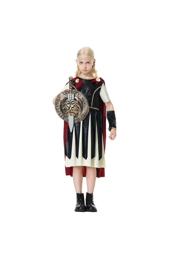 Girls Roman Warior đť–˘ostume Set Short Sleeve Dress with Headband Retro Battle Outfit for Hallow-een Stage Performance Junior Kids Cos-play Party