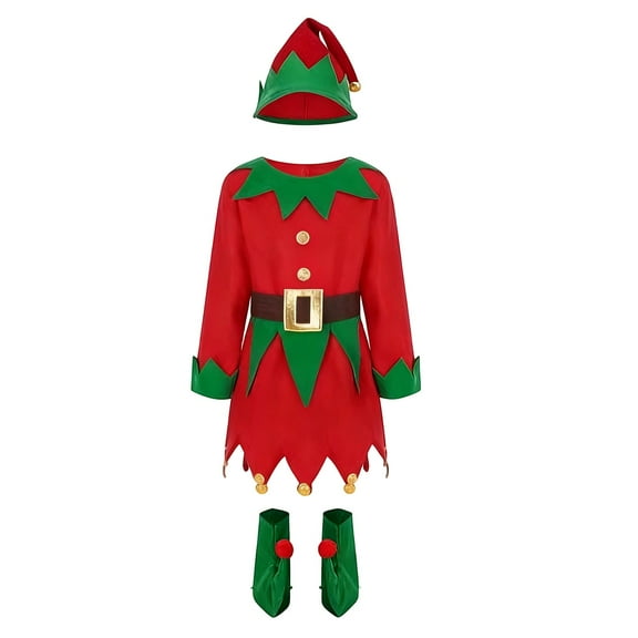 EnJoCho Girls Santa 𝖤lf 𝖢ostume Set with Hat Shoes Christmas Par𝗍y Dress Holiday Helper Outfit Toddler Cos-play SantaClaus Theme Winter Dress