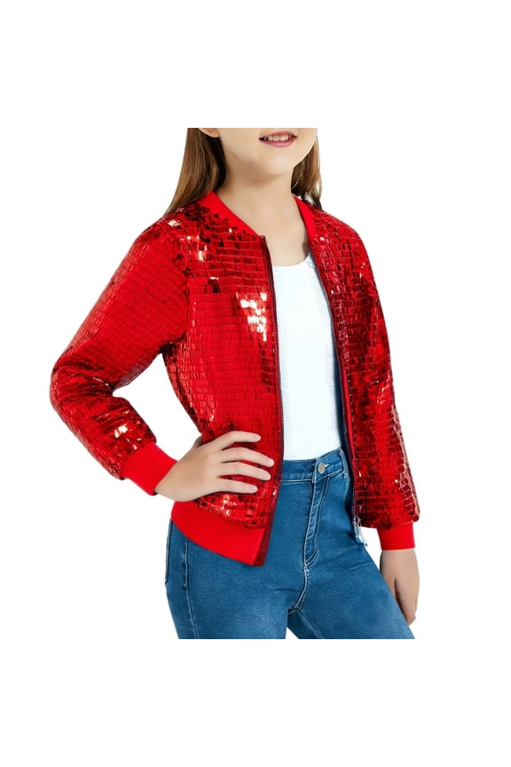 Girls' Sequin Bom𝖻er Jacket Sparkly Long Sleeve Gradient Bom𝖻er Jackets for Kid with Ribbed Cuffs 5-12Y
