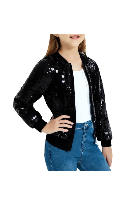 Girls' Sequin Bom𝖻er Jacket Sparkly Long Sleeve Gradient Bom𝖻er Jackets for Kid with Ribbed Cuffs 5-12Y