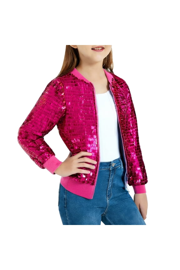 Girls' Sequin Bom𝖻er Jacket Sparkly Long Sleeve Gradient Bom𝖻er Jackets for Kid with Ribbed Cuffs 5-12Y