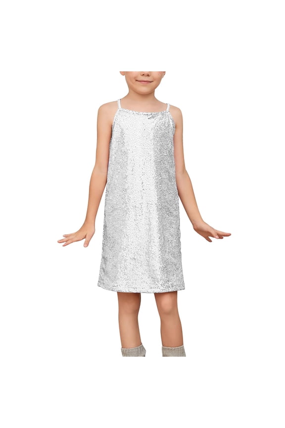 Girls Sequin Dress Adjustable Spaghetti Strap Pencil Cami Midi Bodycon Dress Sparkly Party 6-15Y Girls Sleeveless Summer Dresses