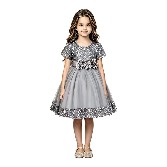 EnJoCho Girls Sequin Dress Puff Short Sleeve 3D Rose Waist Tulle Formal Gown For Little Girls Toddler Wedding Birthday Party Holiday Princess Dress