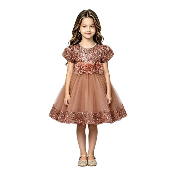 EnJoCho Girls Sequin Dress Puff Short Sleeve 3D Rose Waist Tulle Formal Gown For Little Girls Toddler Wedding Birthday Party Holiday Princess Dress