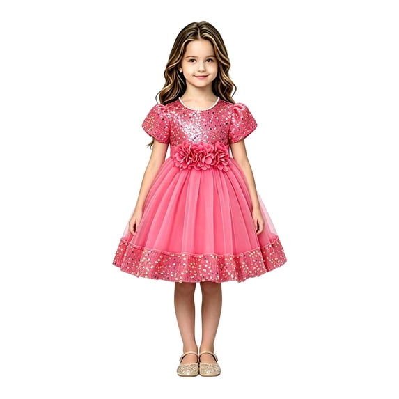 EnJoCho Girls Sequin Dress Puff Short Sleeve 3D Rose Waist Tulle Formal Gown For Little Girls Toddler Wedding Birthday Party Holiday Princess Dress