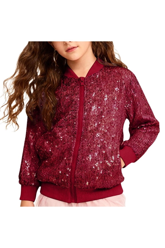 Girls Sequin Jacket Glitter Long Sleeves Gradient Bom𝖻er Coat with Ribbed Cuffs for 4-12 Years Kids