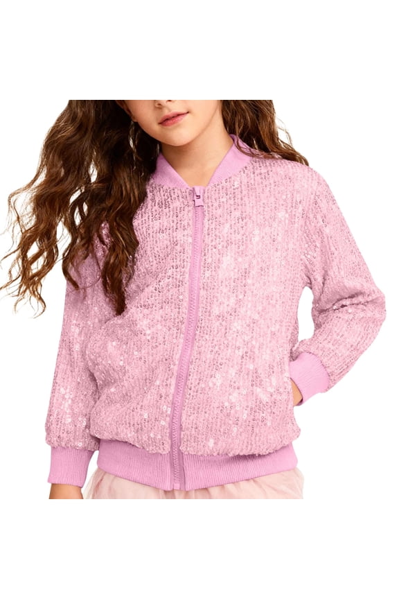 Girls Sequin Jacket Glitter Long Sleeves Gradient Bom𝖻er Coat with Ribbed Cuffs for 4-12 Years Kids