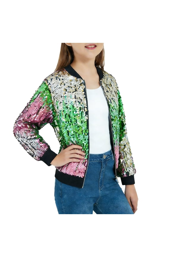 Girls Sequin Jacket Sparkly Glitter 𝖡omber Kids Outwear with Pockets Zipper Coat Long Sleeve Jackets 4-12T