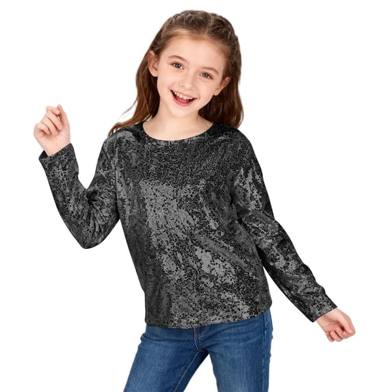 EnJoCho Girls Sequins Shirt Long Sleeve Crew Neck Plain Sparkle Tops Kids Toddler School Casual Soft T Shirt Pullover Clothes 5-14 Years