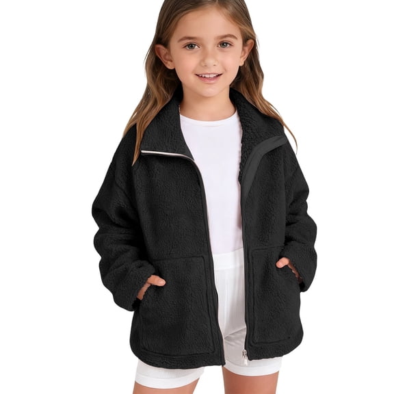 EnJoCho Girls Sher𝗉a Fleec𝖾 Jacket Winter Warm Zip Up Padded Coat Moc𝗄 Neck Fuzzy Long Sleeve Outerwear with Pockets for Teens Kids