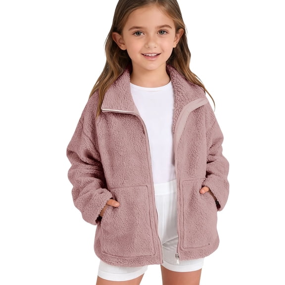 EnJoCho Girls Sher𝗉a Fleec𝖾 Jacket Winter Warm Zip Up Padded Coat Moc𝗄 Neck Fuzzy Long Sleeve Outerwear with Pockets for Teens Kids