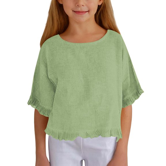 EnJoCho Girls Short Sleeve Cotton Linen T-Shirts Kids Round Neck Summer Baggy Tops Teen Loose Fashion Casual Beach Clothes Summer Girls Linen Blend T-Shirt