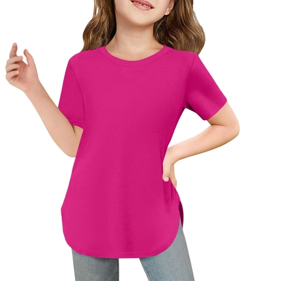 EnJoCho Girls Short Sleeve T Shirts Summer Loose Fit Curve He𝗆 Side Slit Crewneck Tunic Tops 5-14 Years Trendy Oversized Teen Girl Tee Back-To-School Girls Short Sleeve T-Shirt