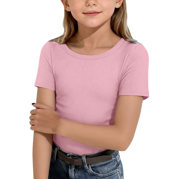 EnJoCho Girls Short Sleeve Top Ribbed Knit Crew Neck Basic Solid Tee Slim Fit Casual T-Shirt Summer Tops Shirts 5-14 Years