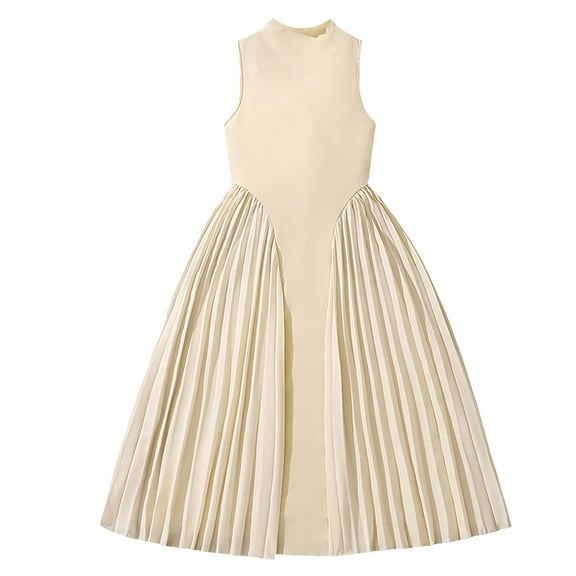 EnJoCho Girls Sleeveless Slim Fit Dress with Stand Collar, Temperament Pleated Patchwork Summer Dress Skirt for Casual Children’s Wear
