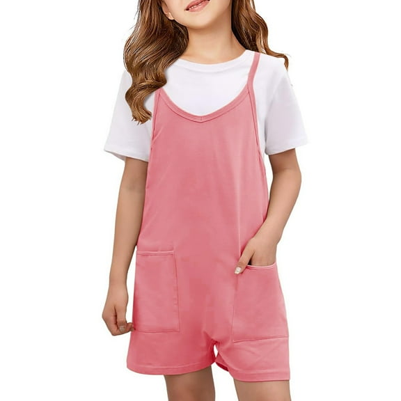 EnJoCho Girls Spaghetti Strap Jumpsuit, Sleeveless Pocket Shorts Romper, Lightweight Summer Casual Dress for Kids