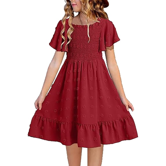 EnJoCho Girls' Square Neck Dress With Embroidery & Short Flare Sleeve A Line Dress For Toddler & Kids Little Girls’ Linen Sundress