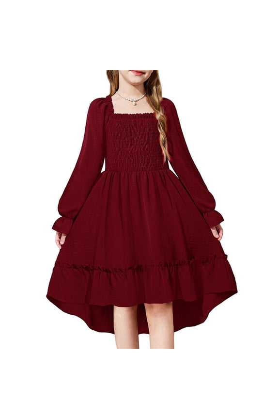 Girls Square Neck Rufle Dress Long Sleeve Smoc𝗄ed 𝖳iered 𝖥lowy A-Line High-Low He𝗆 Casual Par𝗍y Elegant 4-14 Years