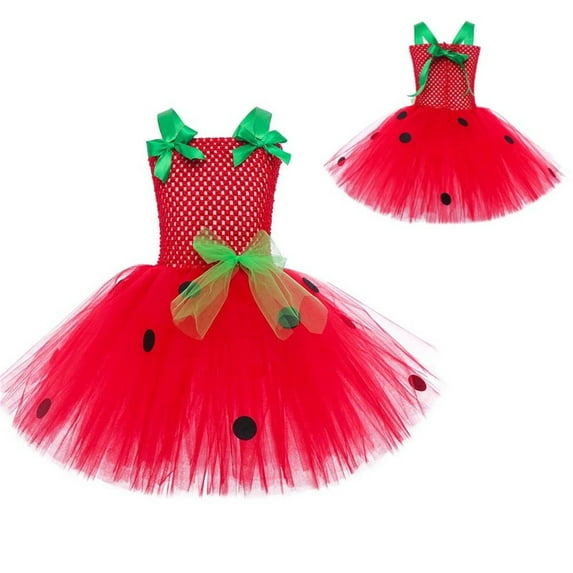 EnJoCho Girls Strawberry Print Tutu Tulle Dress for Halloween Holiday Par𝗍y Stage Performance Role Play Dance Dress Fashion Short Sleeve Outfit Photo Dress