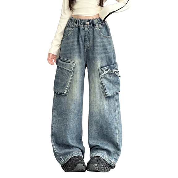 EnJoCho Girls Street Style Denim Overalls High Waisted Floor Length Loose Wide Leg Bow Pockets Vintag𝖾 𝖸𝟤𝖪 Casual Jumpsuit 𝖱omper Overalls