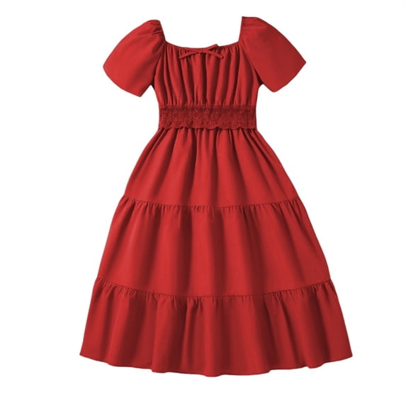 EnJoCho Girls Summer Dress Children's Girls Long Dress Retro Solid Color Splicing Sleeve Princess Dress Comfortable Casual Dress