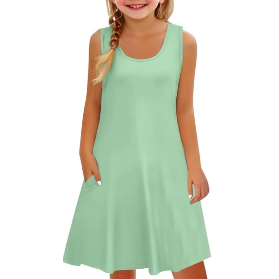 EnJoCho Girls Summer Dress Sleeveless Flowy Casual Midi Dress Crew Neck Loose Fit Solid Color Sundress with Pockets
