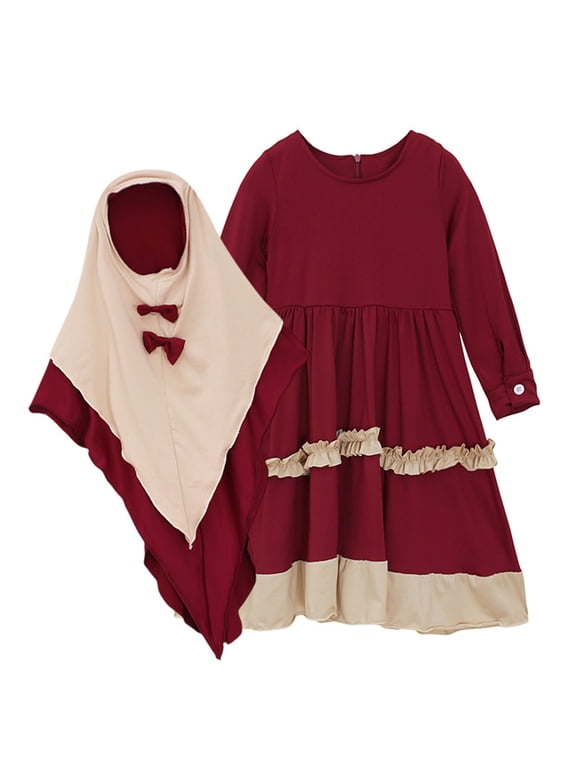 Girls Summer Hijab Dress Toddler Baby Girls Musli𝗆 Dress Abaya with Hijab Ramadan Modest Robe Outfit Islami𝖼 Prayer Clothes Arabic Kaftan Khimar Robe