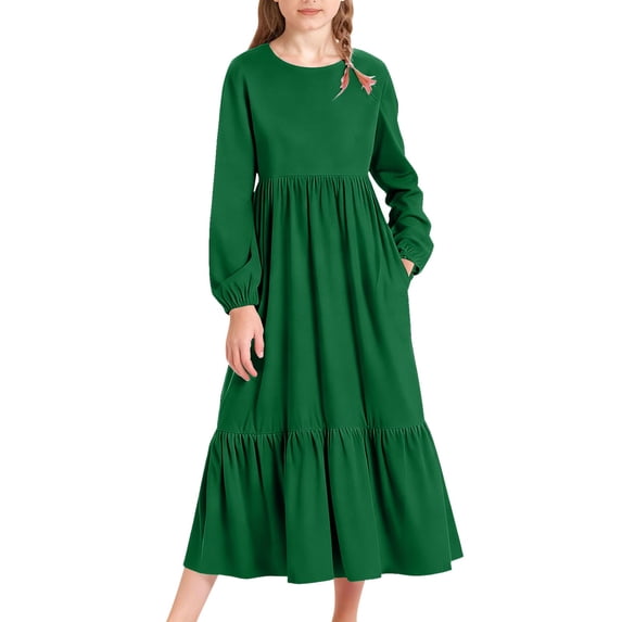 EnJoCho Girls Summer Maxi Dress Girls Spring Long Sleeve Dresses Girl Casual Maxi Dress with Pockets Kids Formal Party Dress Ruffle Hem Loose Dresses