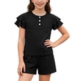 thumbnail image 1 of EnJoCho Girls Summer Outfit 2 Piece Kids Double Sleeve Button T-Shirt Baggy Cotton Elastic Waist Shorts Set Cute Casual Plain Outfit Girls Shirt and Shorts Set Kindergarten Starter Pack, 1 of 6