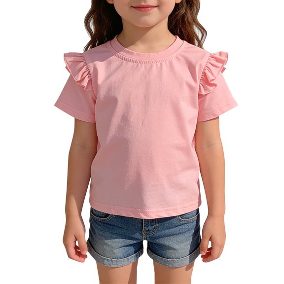 EnJoCho Girls Tops Ruffl𝖾 Short Sleeve Spring Fashion Shirts Casual Soli𝖽 Crew Neck Lightweight Shirts Summer Active Cute Tops Teen Girls Plain Tops Back-To-School