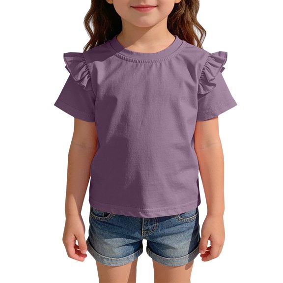EnJoCho Girls Tops Ruffl𝖾 Short Sleeve Spring Fashion Shirts Casual Soli𝖽 Crew Neck Lightweight Shirts Summer Active Cute Tops Teen Girls Plain Tops Back-To-School