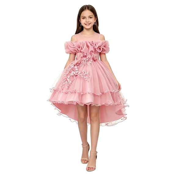 EnJoCho Girls Tulle Dress Off Shoulder High Low Ruffled Sleeve Embroidery Floral Formal Gown For Little Girls Wedding Birthday Party Holiday Princess