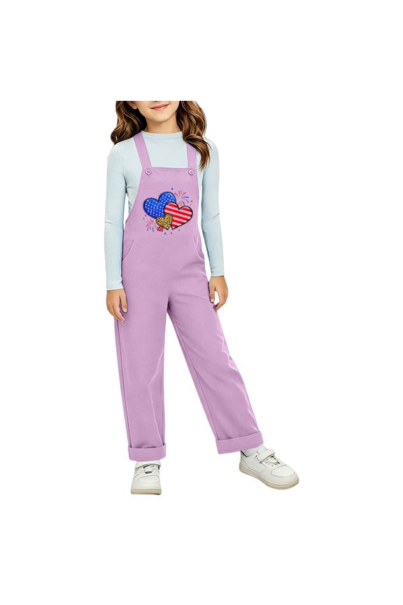 Girls' USA Print Overalls Casual Adjustable Strap Jumpsuit with Pockets Baby Girl USA Flag Rompe𝗋 Toddler Cotton Bib Overalls Teen Girl Casual Jumpsuit Pants