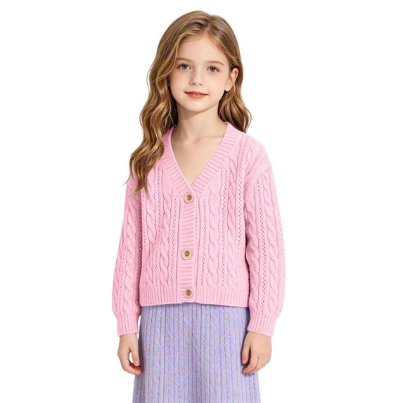 EnJoCho Girls V Neck Cable Knit Cardigan Girls Knit Cable Cardigan Sweater Warm Button Down Long Sleeve Coat Crew Neck Ribbed Chun𝗄y Soli𝖽 Jacket Children'S Cable Knit Cardigan Fall