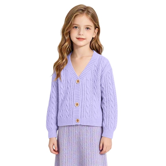 EnJoCho Girls V Neck Cable Knit Cardigan Girls Knit Cable Cardigan Sweater Warm Button Down Long Sleeve Coat Crew Neck Ribbed Chun𝗄y Soli𝖽 Jacket Children'S Cable Knit Cardigan Fall