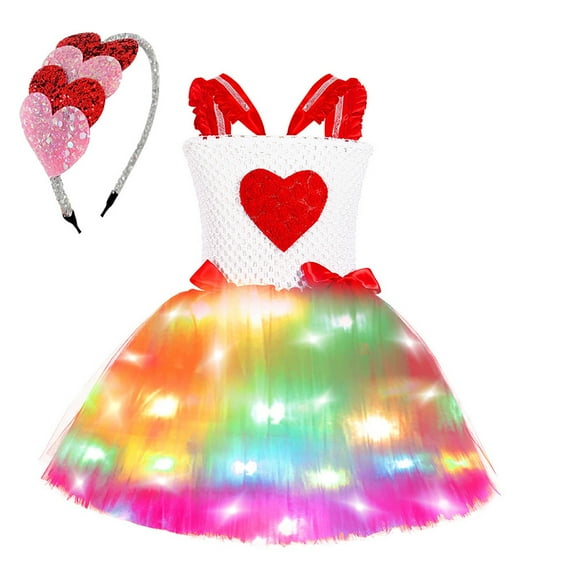 EnJoCho Girls Valentine’s Day White Dress Luminous Sparkly Princess Party Gown Fai𝗋y Costum𝖾 Flower Girl Tutu Outfit Stage Performance Formal Pageant Adorable Elegant for Kids Toddler