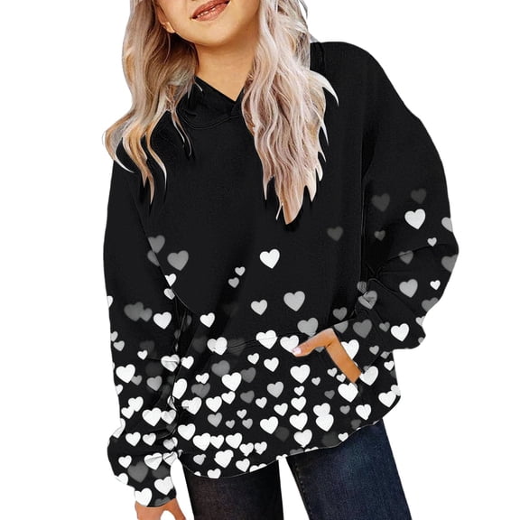 EnJoCho Girls Valentines Sweatshirt Love Heart Print Long Sleeve Pullover Hooded Hoodies Graphic Top Pocket Casual Apparel 2-14 Years Fleec๐พ Outerwear